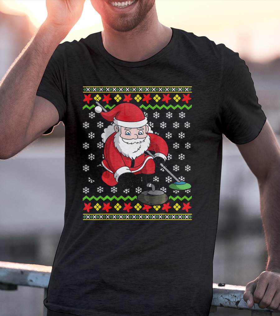 Santa Curling Ugly Christmas Sweater Snowflakes T-Shirt