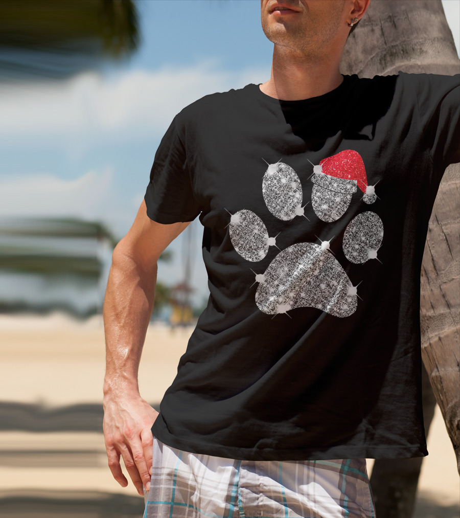 Merry Christmas Paw Santa Hat Sparkle T-Shirt