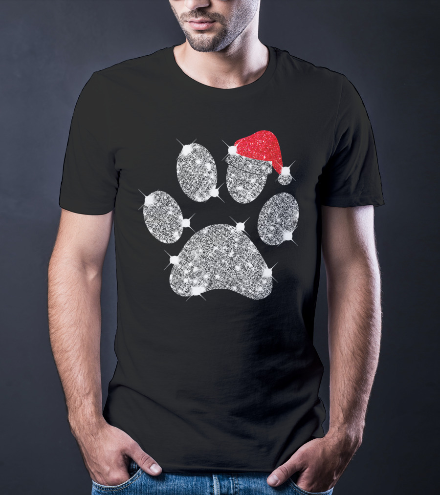 Merry Christmas Paw Santa Hat Sparkle T-Shirt