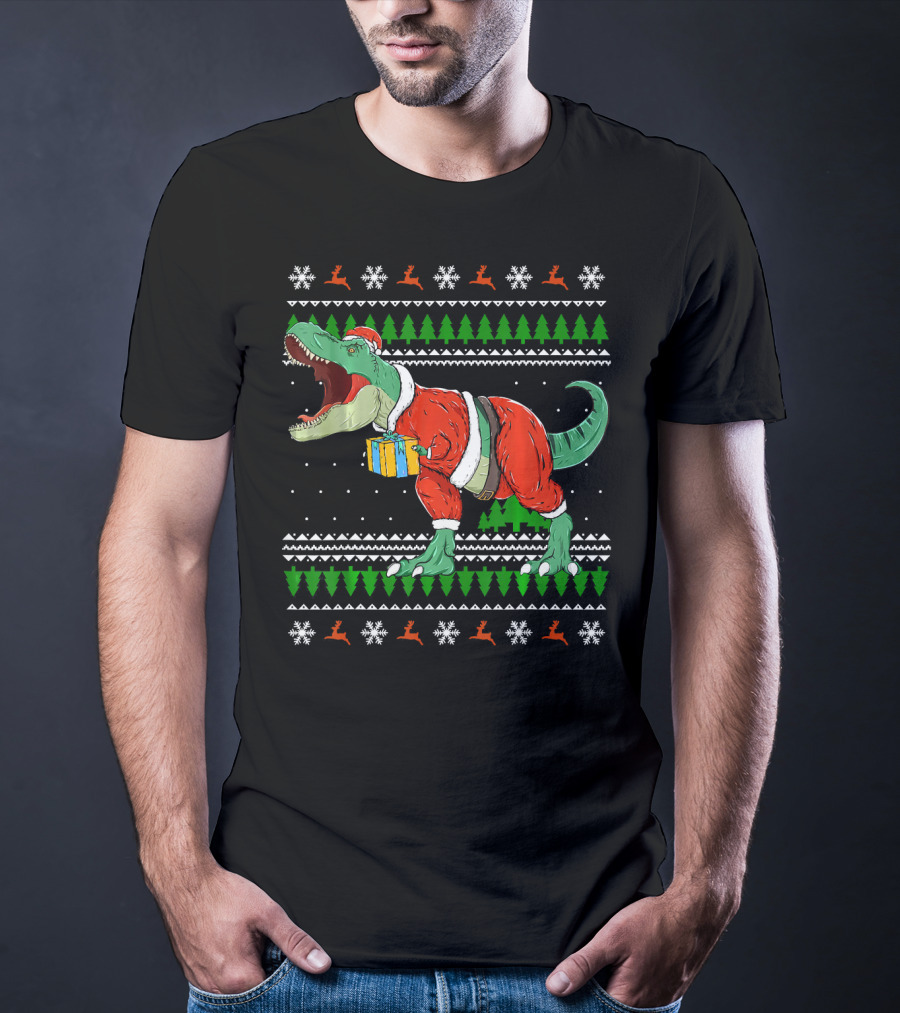 Funny TRex Dino Christmas Santa Holding Gift In Ugly T-Shirt