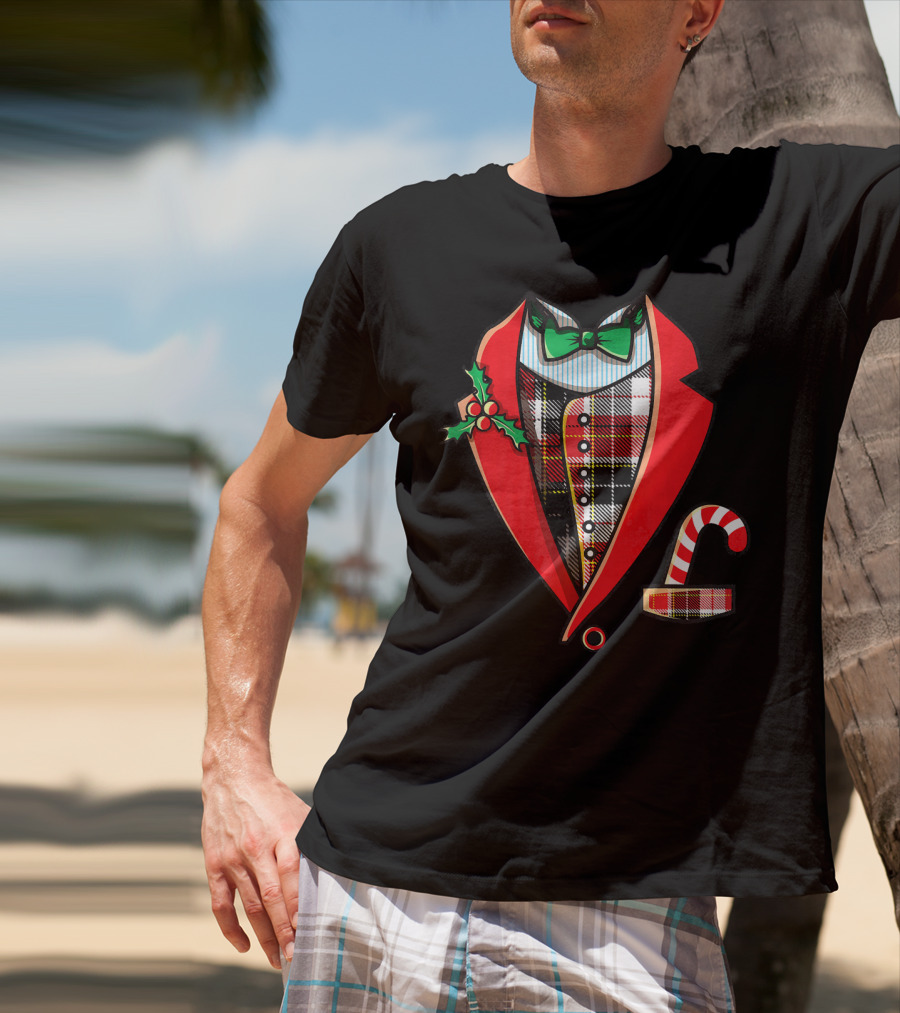 Christmas Tuxedo Plaid Suit Jacket With Green Bow Tie And Candy Cane T-Shirt