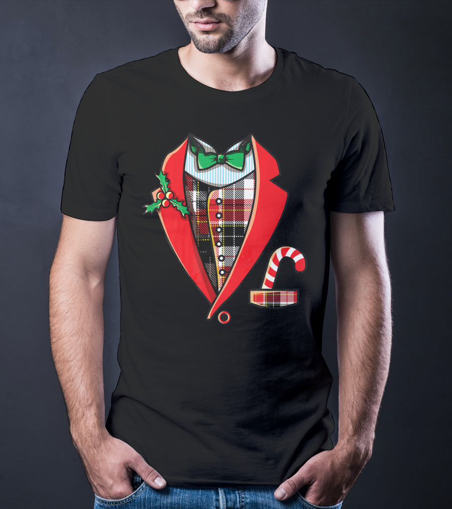 Christmas Tuxedo Plaid Suit Jacket With Green Bow Tie And Candy Cane T-Shirt