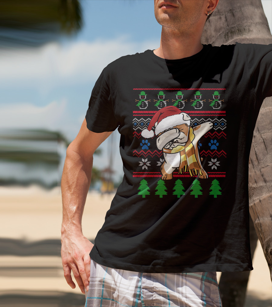 Bulldog Dabbing UglyStyle Santa Hat Christmas Trees Snowmen T-Shirt