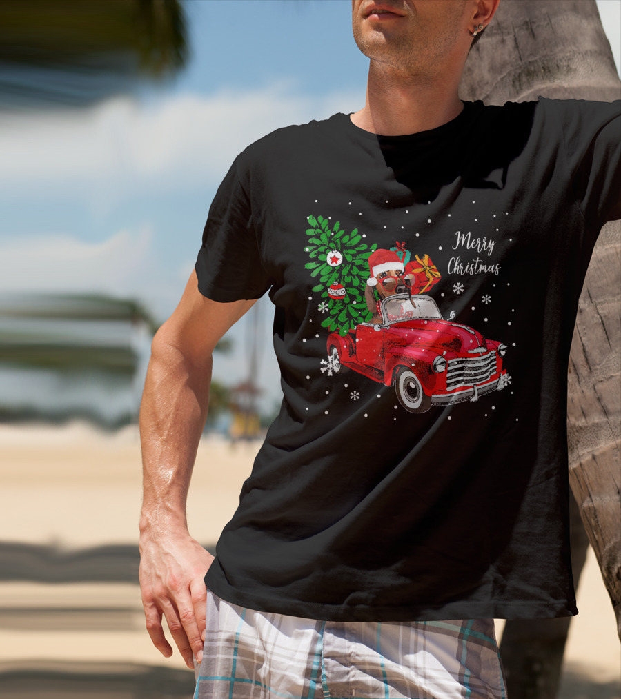 Merry Christmas Santa Dachshund In Red Truck With Gifts And Tree T-Shirt