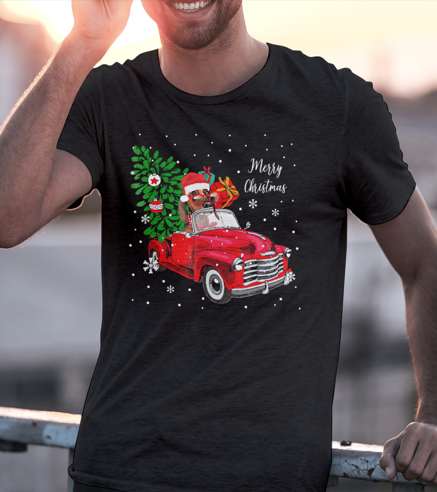 Merry Christmas Santa Dachshund In Red Truck With Gifts And Tree T-Shirt