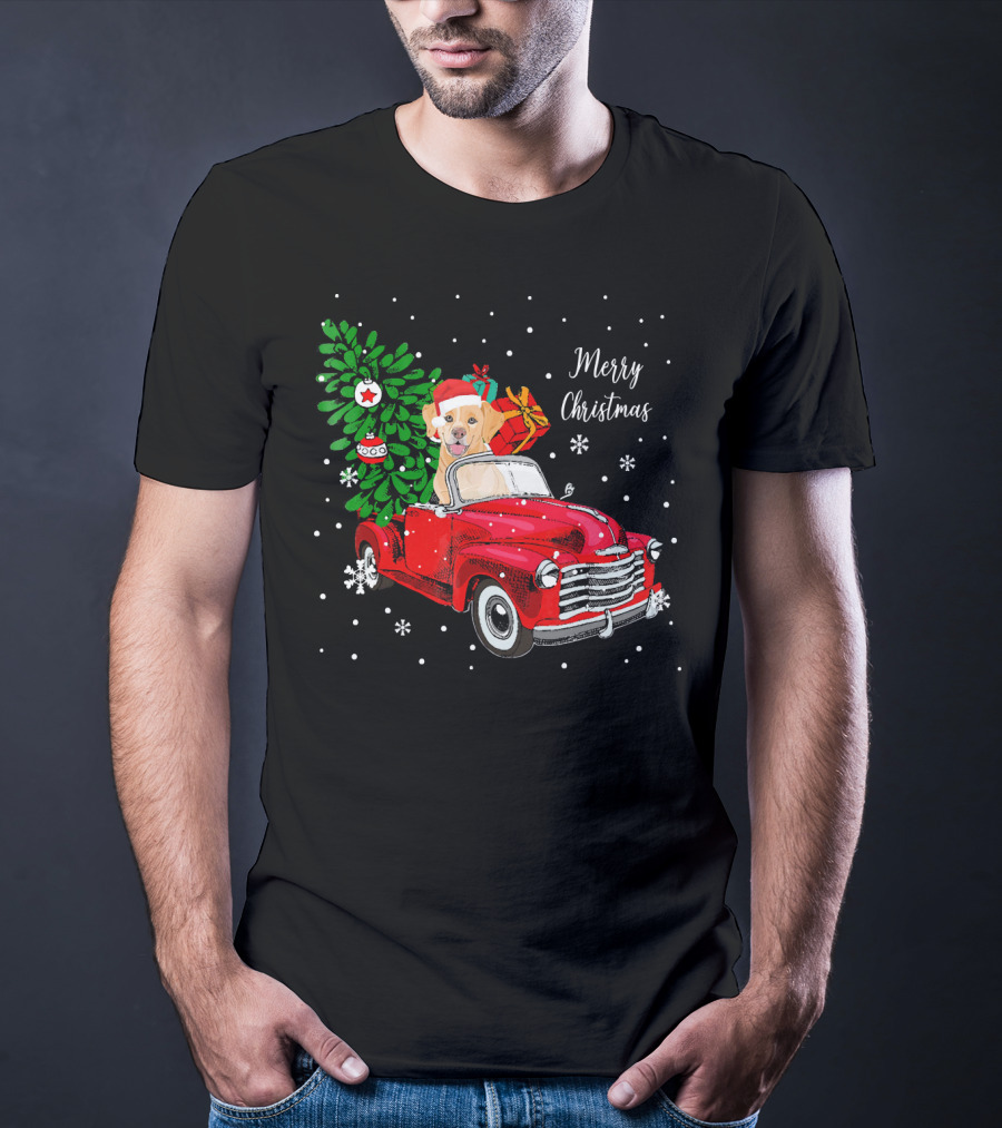 Merry Christmas Santa Labrador Dog Riding Red Truck With Presents And Tree T-Shirt