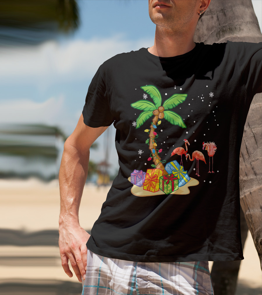 Flamingo Christmas Palm Tree Snow Presents T-Shirt