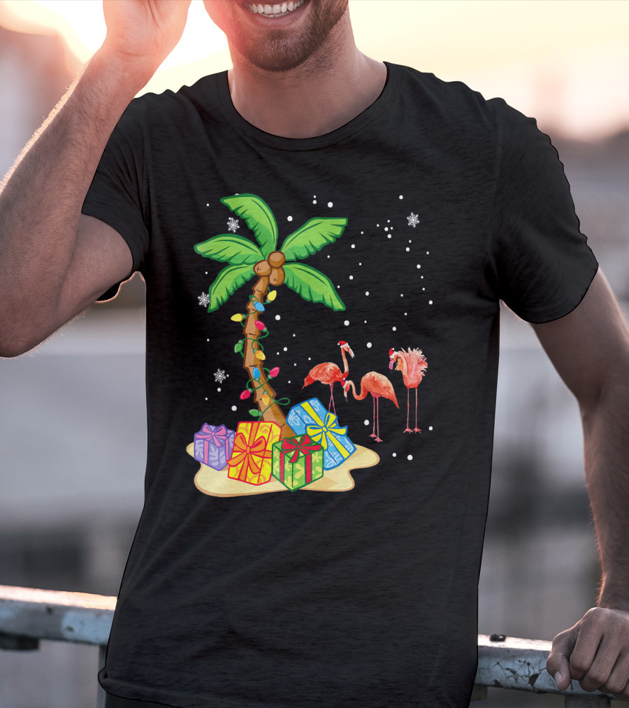 Flamingo Christmas Palm Tree Snow Presents T-Shirt