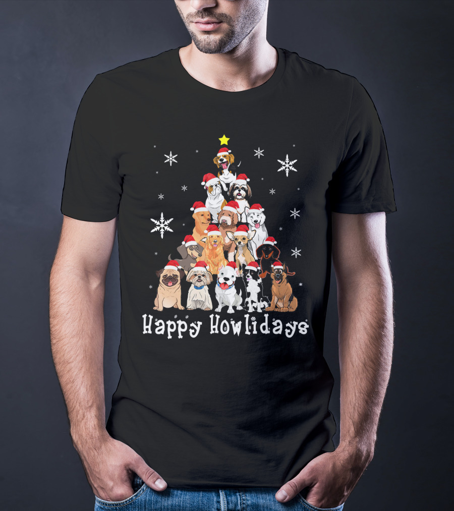 Happy Howlidays Dog Christmas Tree Santa Hat Puppies Snowflakes T-Shirt