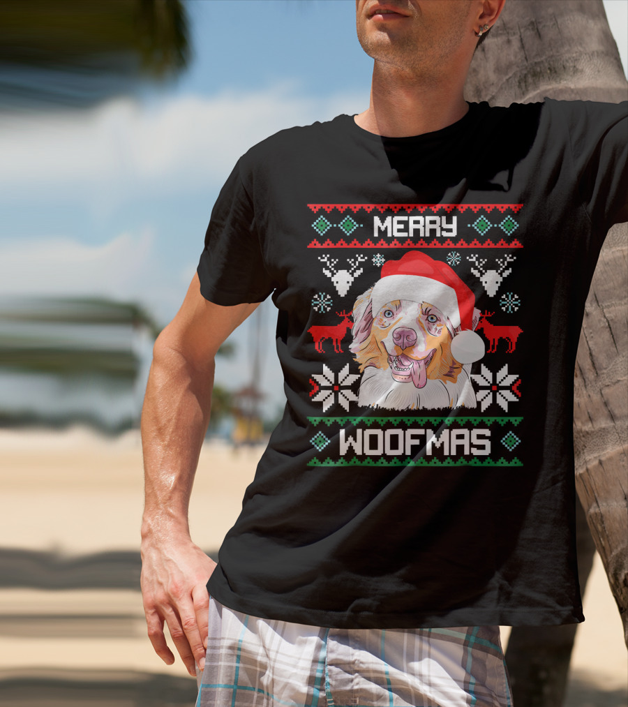 Merry Woofmas Australian Shepherd With Santa Hat And Christmas Motifs T-Shirt