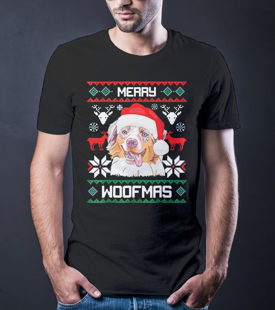 Merry Woofmas Australian Shepherd With Santa Hat And Christmas Motifs T-Shirt