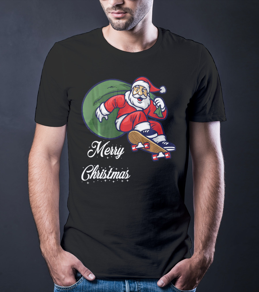 Merry Christmas Santa Claus Skating With Gift Sack T-Shirt