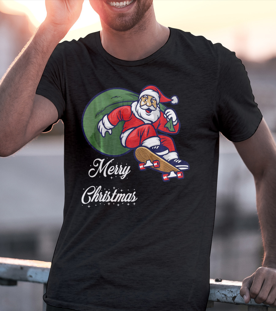 Merry Christmas Santa Claus Skating With Gift Sack T-Shirt