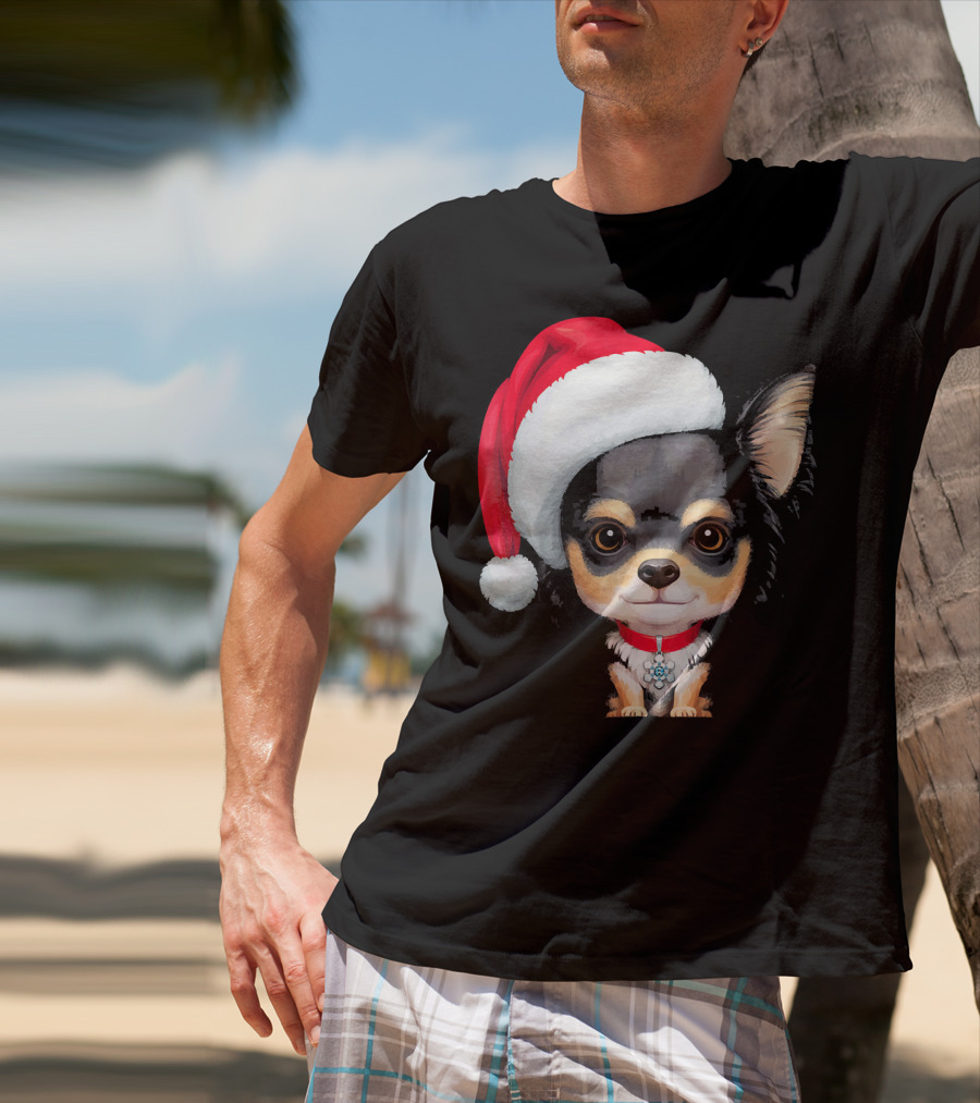 Festive Black And Tan Long Haired Chihuahua Santa Hat T-Shirt