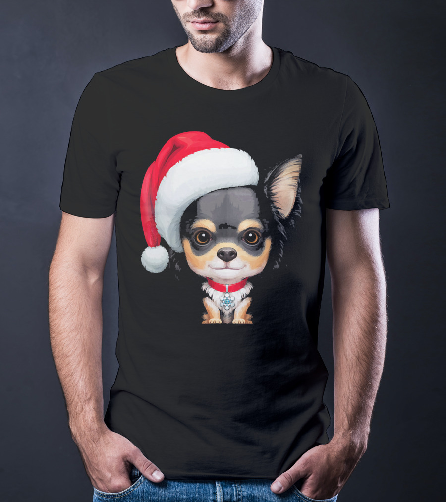Festive Black And Tan Long Haired Chihuahua Santa Hat T-Shirt