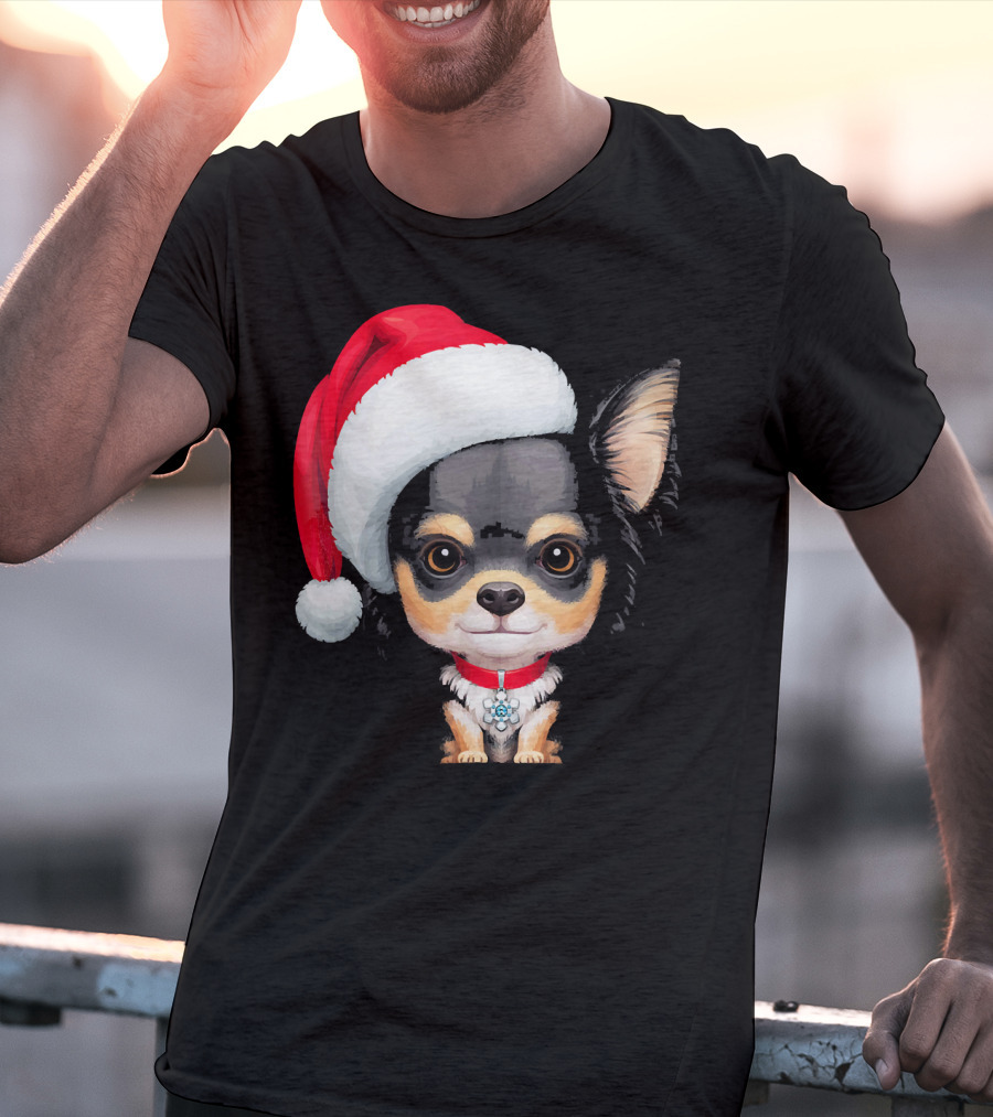 Festive Black And Tan Long Haired Chihuahua Santa Hat T-Shirt