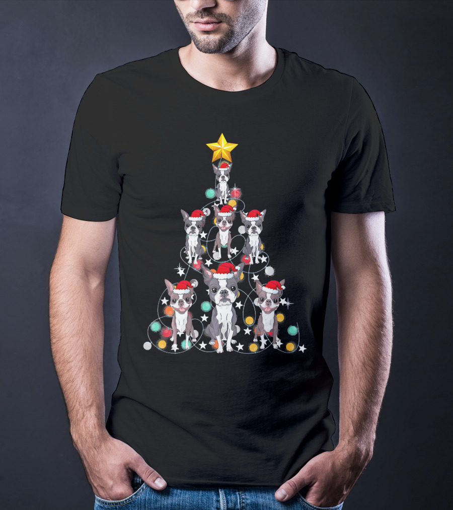 Santa Boston Terrier Christmas Tree Star Puppies T-Shirt