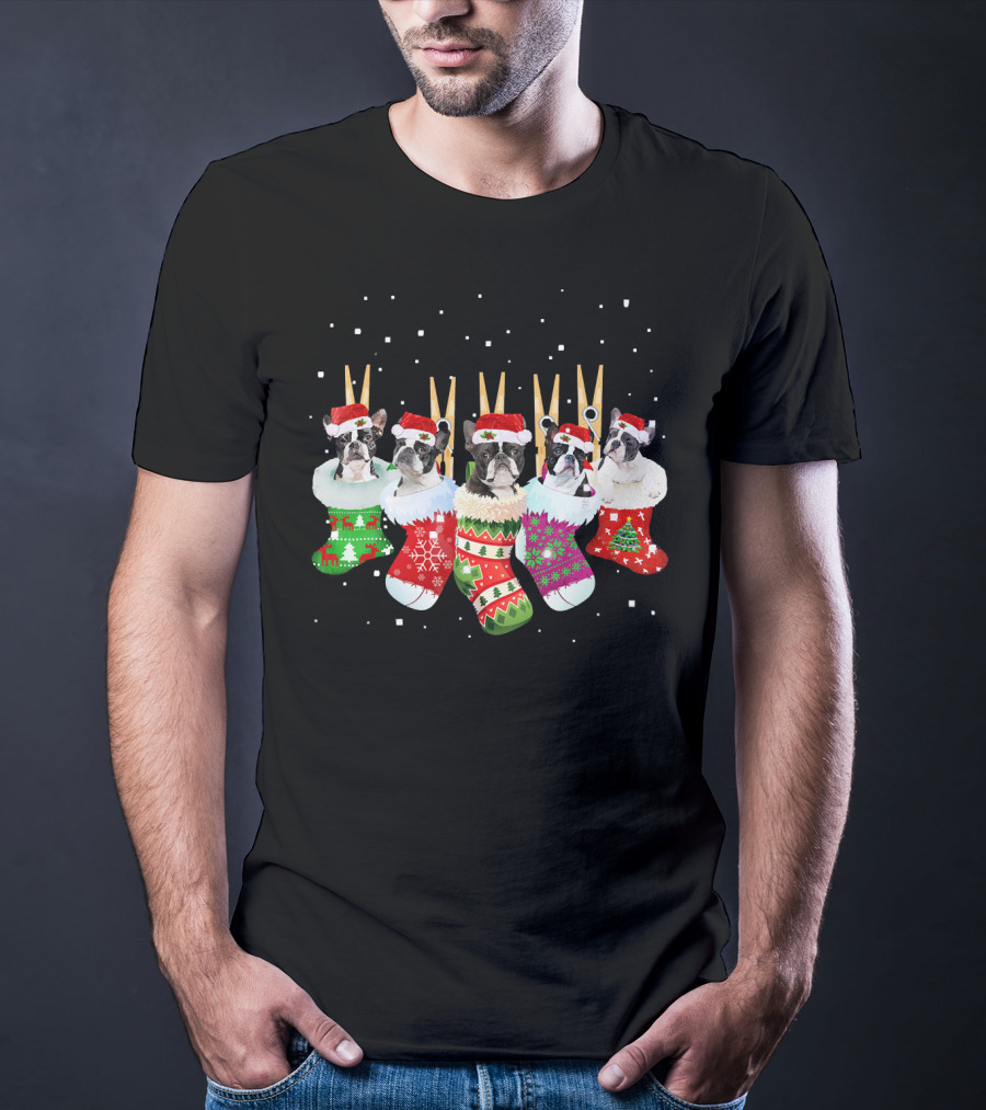 Christmas Boston Terrier Santa Hat Stockings T-Shirt