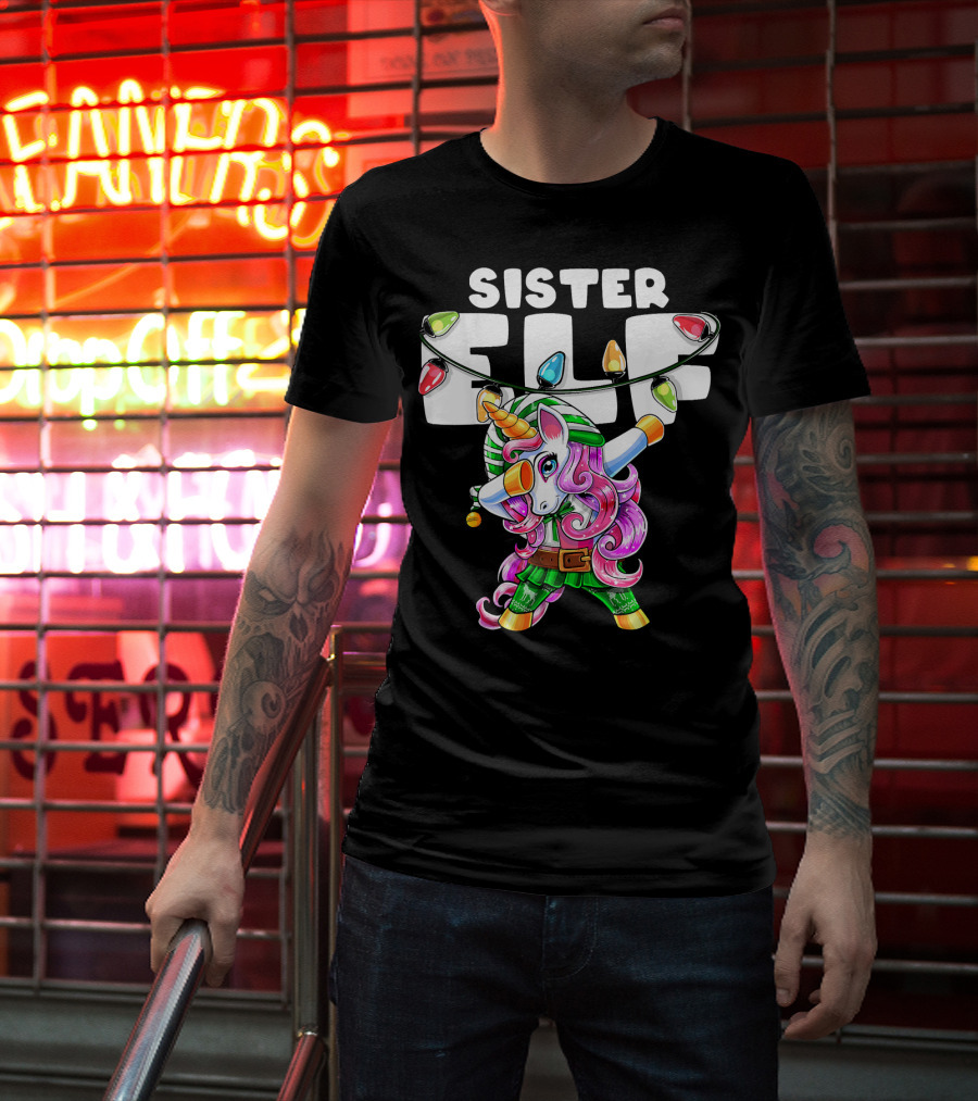 Sister Elf Christmas Dabbing Unicorn With Holiday Lights T-Shirt