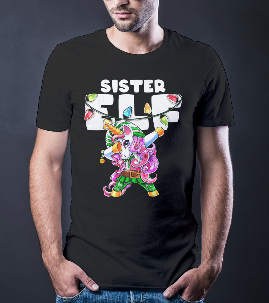 Sister Elf Christmas Dabbing Unicorn With Holiday Lights T-Shirt