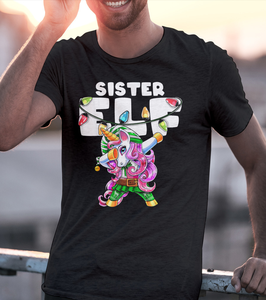 Sister Elf Christmas Dabbing Unicorn With Holiday Lights T-Shirt