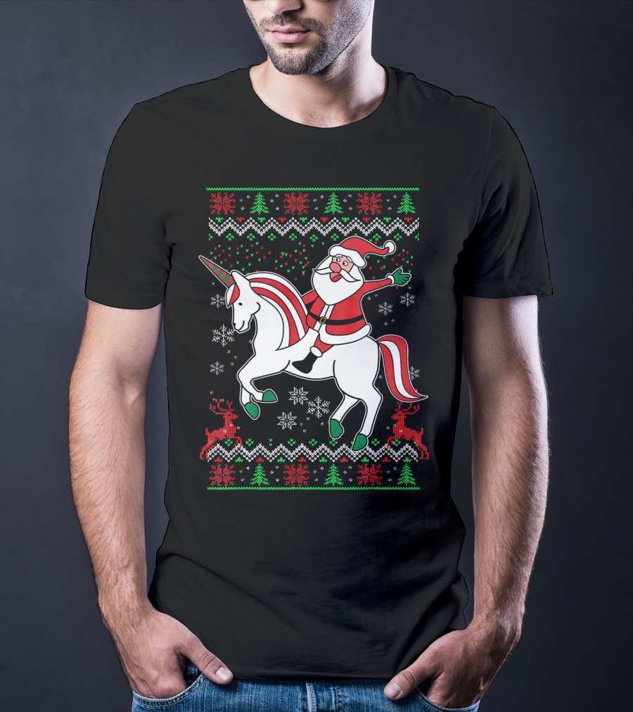 Santa Claus Riding Unicorn Christmas Sweater Pattern Holiday Magic T-Shirt
