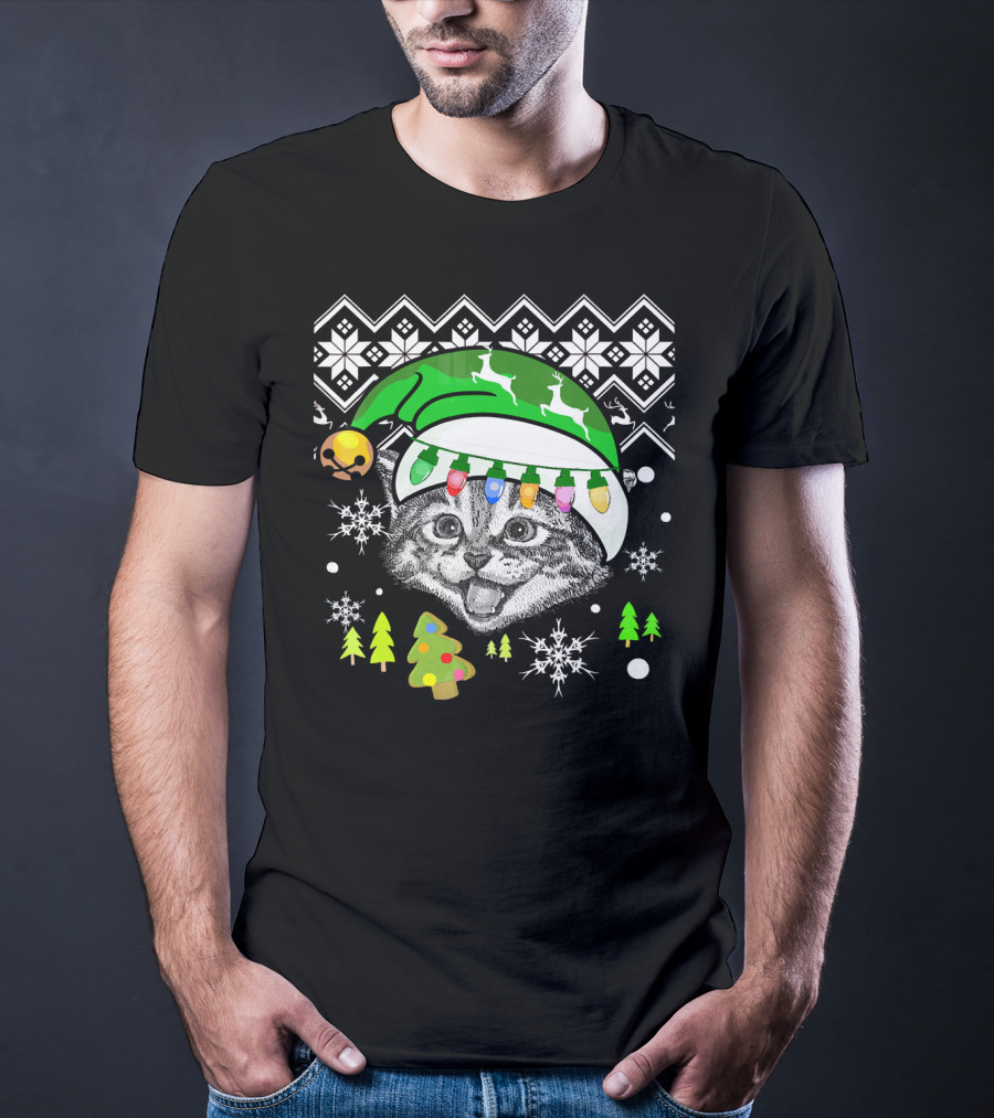 Christmas Cat Reindeer Hat Snowflakes Festive Lights T-Shirt