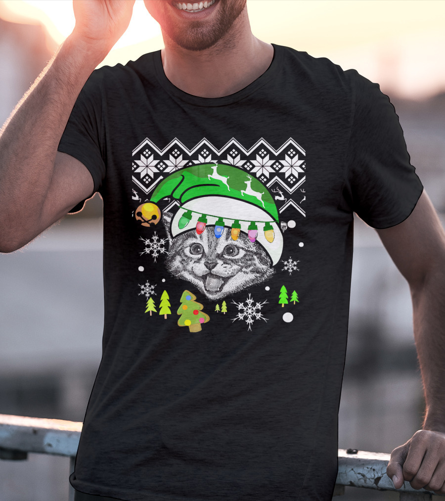 Christmas Cat Reindeer Hat Snowflakes Festive Lights T-Shirt
