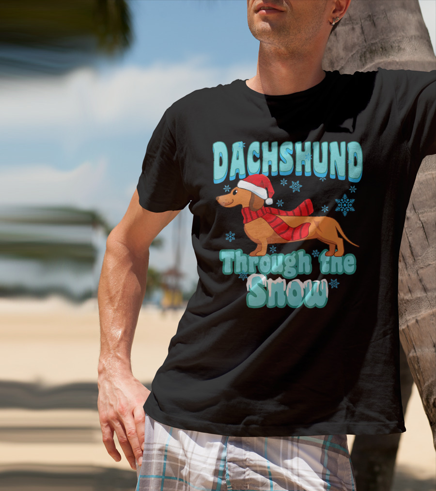 Dachshund Through The Snow Scarf And Santa Hat T-Shirt