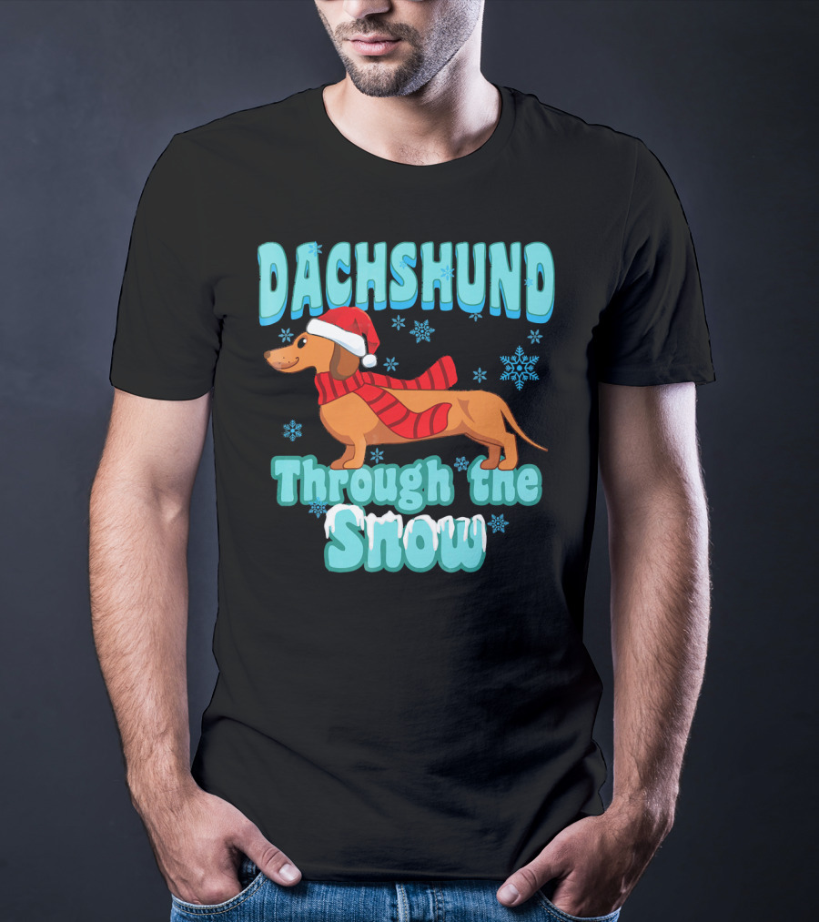 Dachshund Through The Snow Scarf And Santa Hat T-Shirt