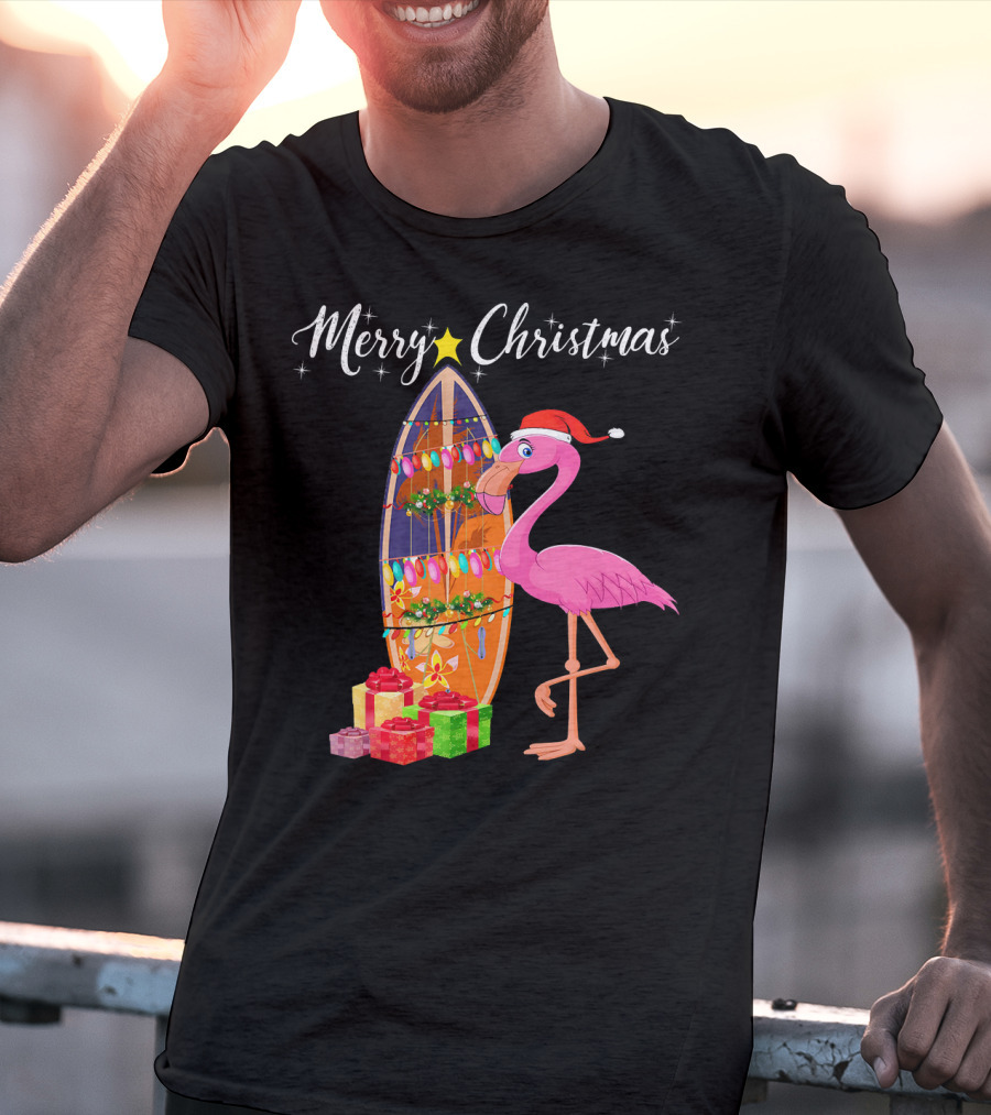 Merry Christmas Flamingo Surfboard Santa Hat Gifts T-Shirt