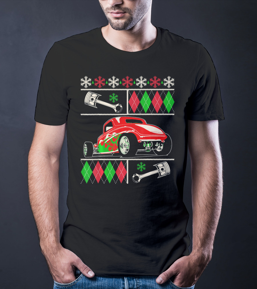 Hot Rod Christmas Ugly Sweater Red Green Car Snowflakes Argyle Pistons T-Shirt