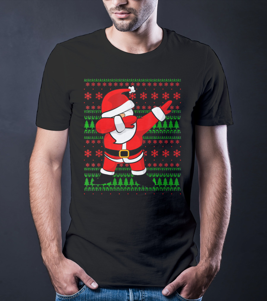 Santa Claus Dabbing Christmas Sweater Style Snowflakes Trees T-Shirt