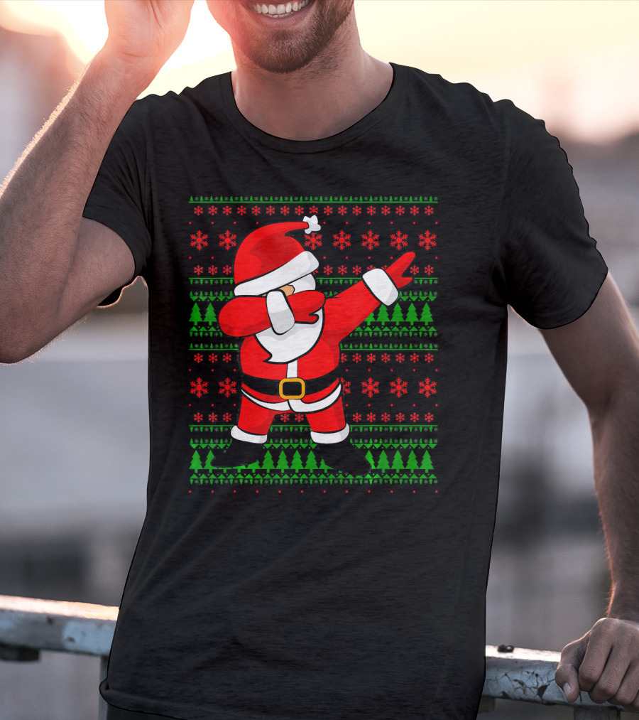 Santa Claus Dabbing Christmas Sweater Style Snowflakes Trees T-Shirt