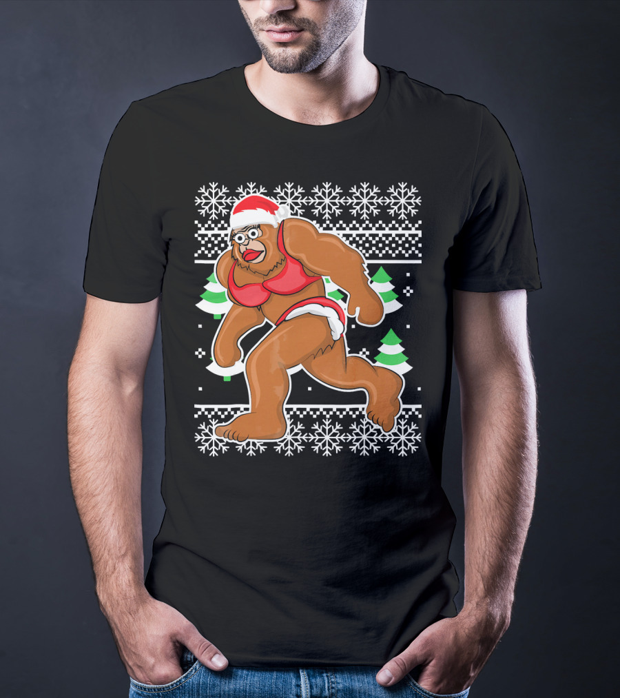 Bigfoot Bikini Ugly Christmas Sweater Santa Hat Snowflakes Holiday Party T-Shirt