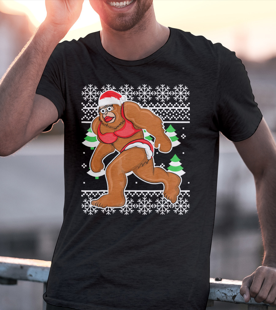 Bigfoot Bikini Ugly Christmas Sweater Santa Hat Snowflakes Holiday Party T-Shirt