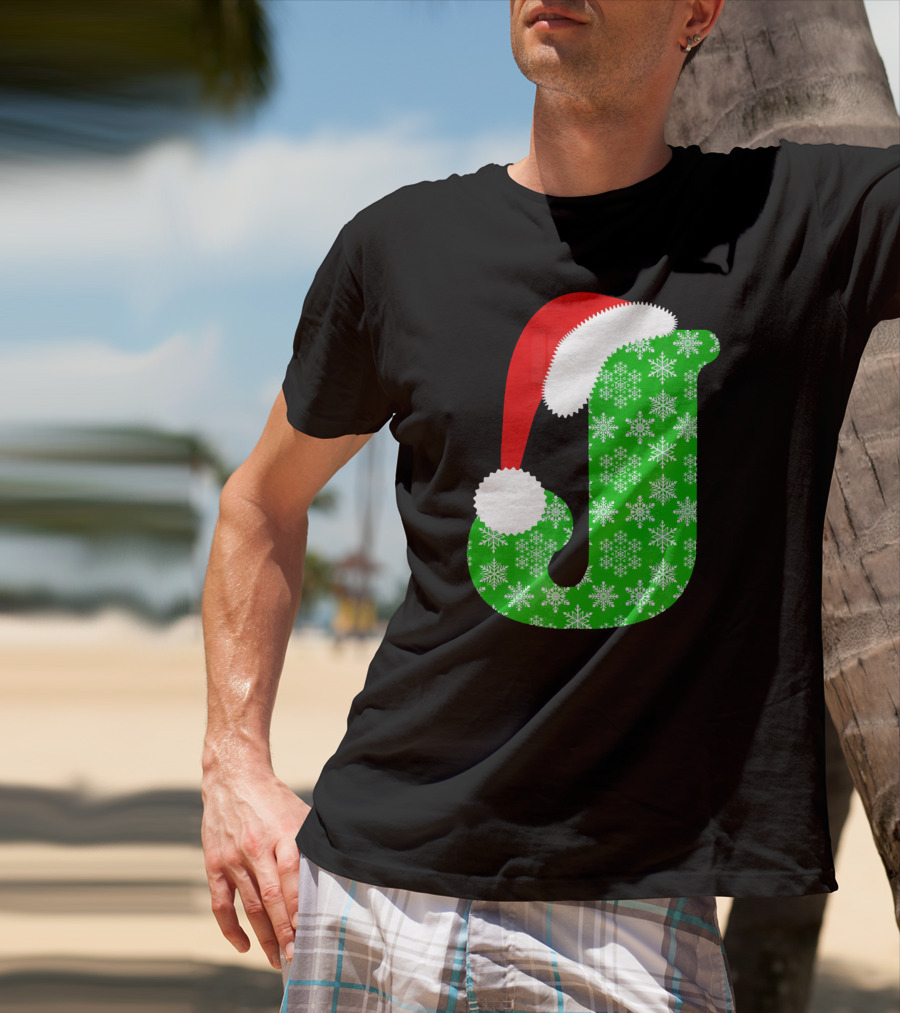 Santa Hat Green Snowflake Monogram Letter J Christmas T-Shirt