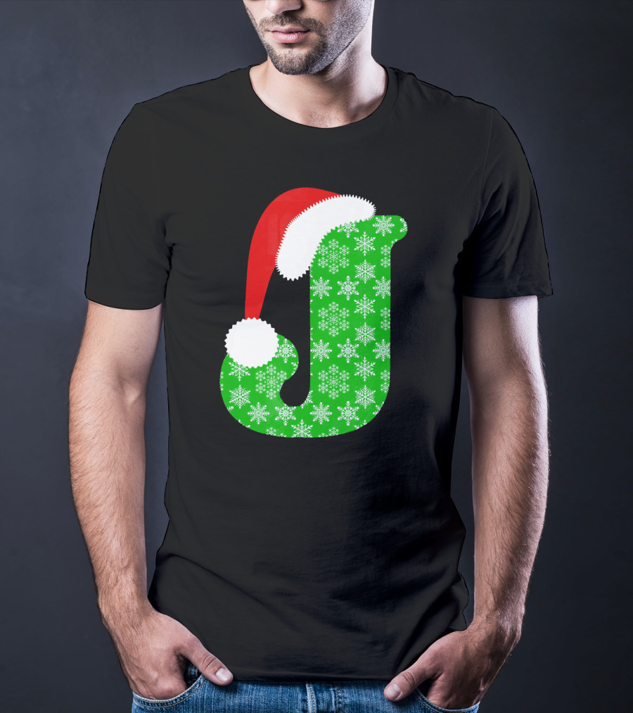 Santa Hat Green Snowflake Monogram Letter J Christmas T-Shirt