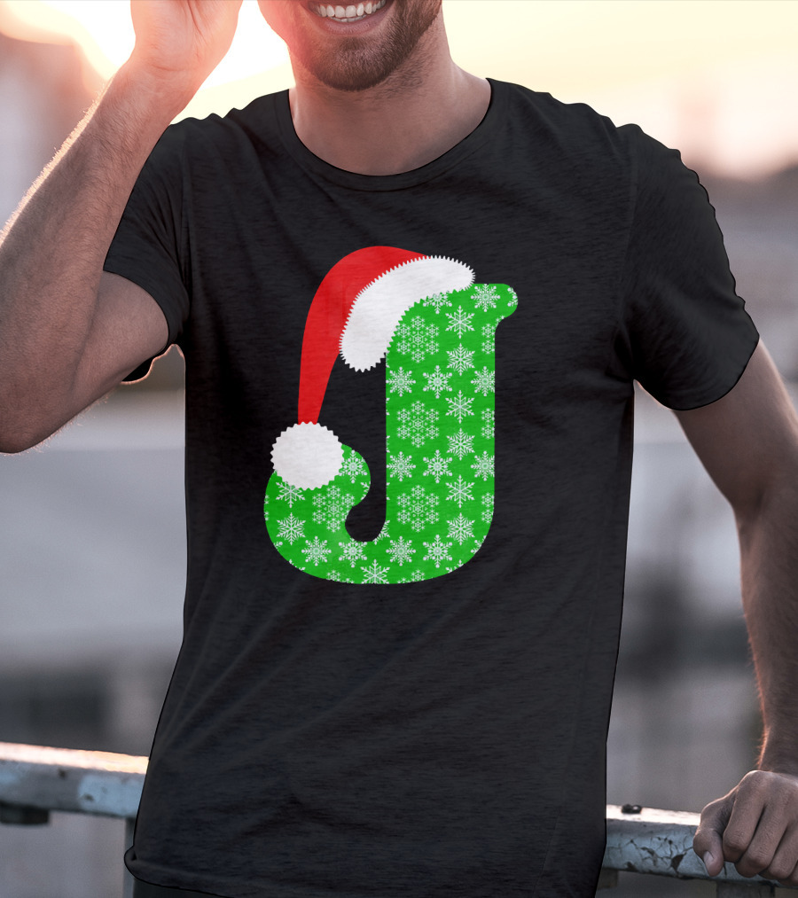 Santa Hat Green Snowflake Monogram Letter J Christmas T-Shirt