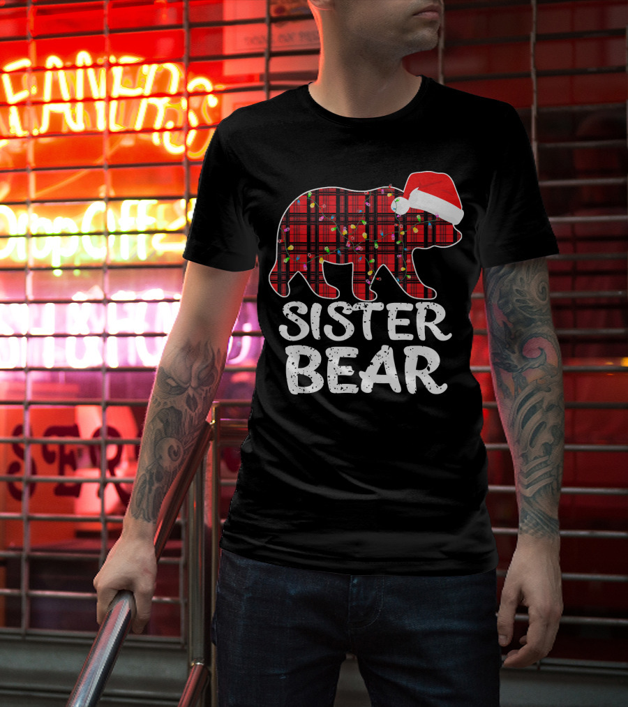 Sister Bear Red Plaid Christmas Paj With Santa Hat And Lights T-Shirt