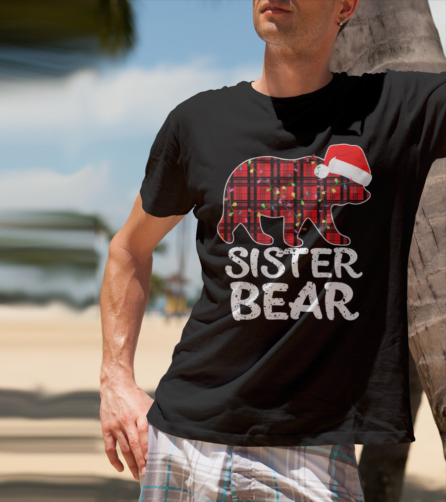 Sister Bear Red Plaid Christmas Paj With Santa Hat And Lights T-Shirt