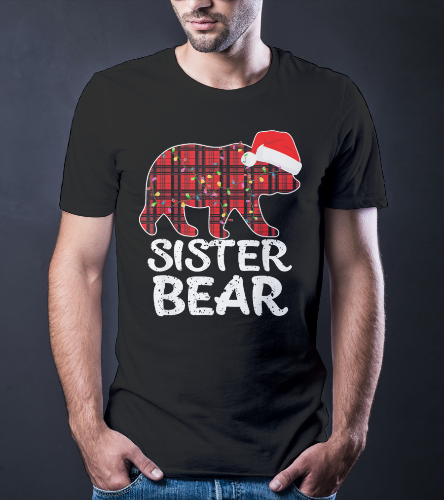 Sister Bear Red Plaid Christmas Paj With Santa Hat And Lights T-Shirt