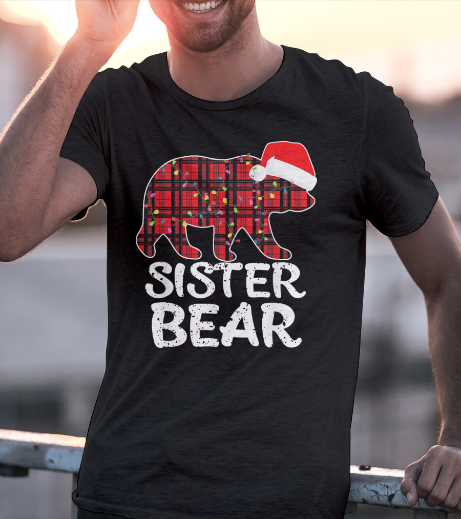 Sister Bear Red Plaid Christmas Paj With Santa Hat And Lights T-Shirt