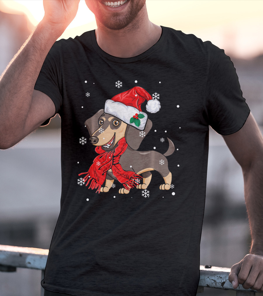 Dachshund Wearing Santa Hat And Red Scarf With Snowflakes T-Shirt
