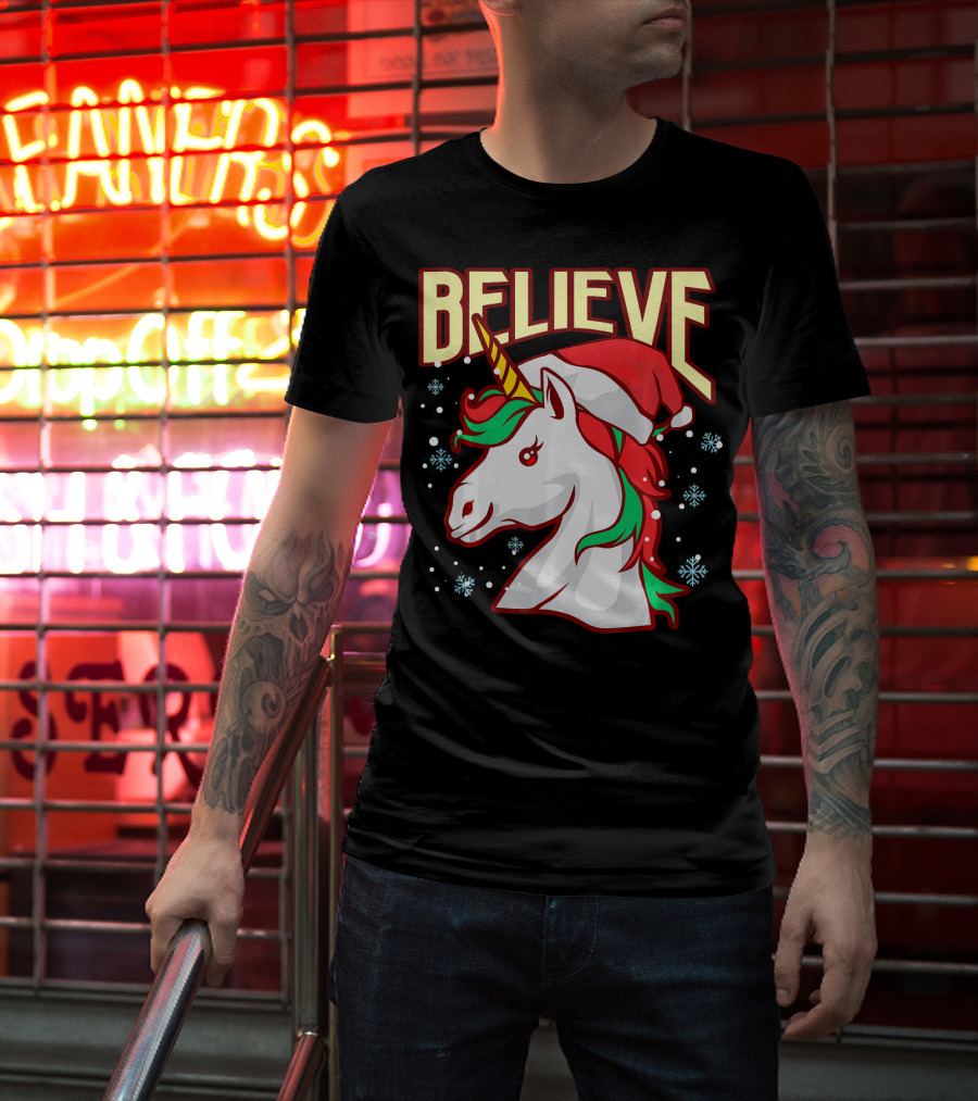 Believe The Unicorn Santa Hat Snowflakes T-Shirt