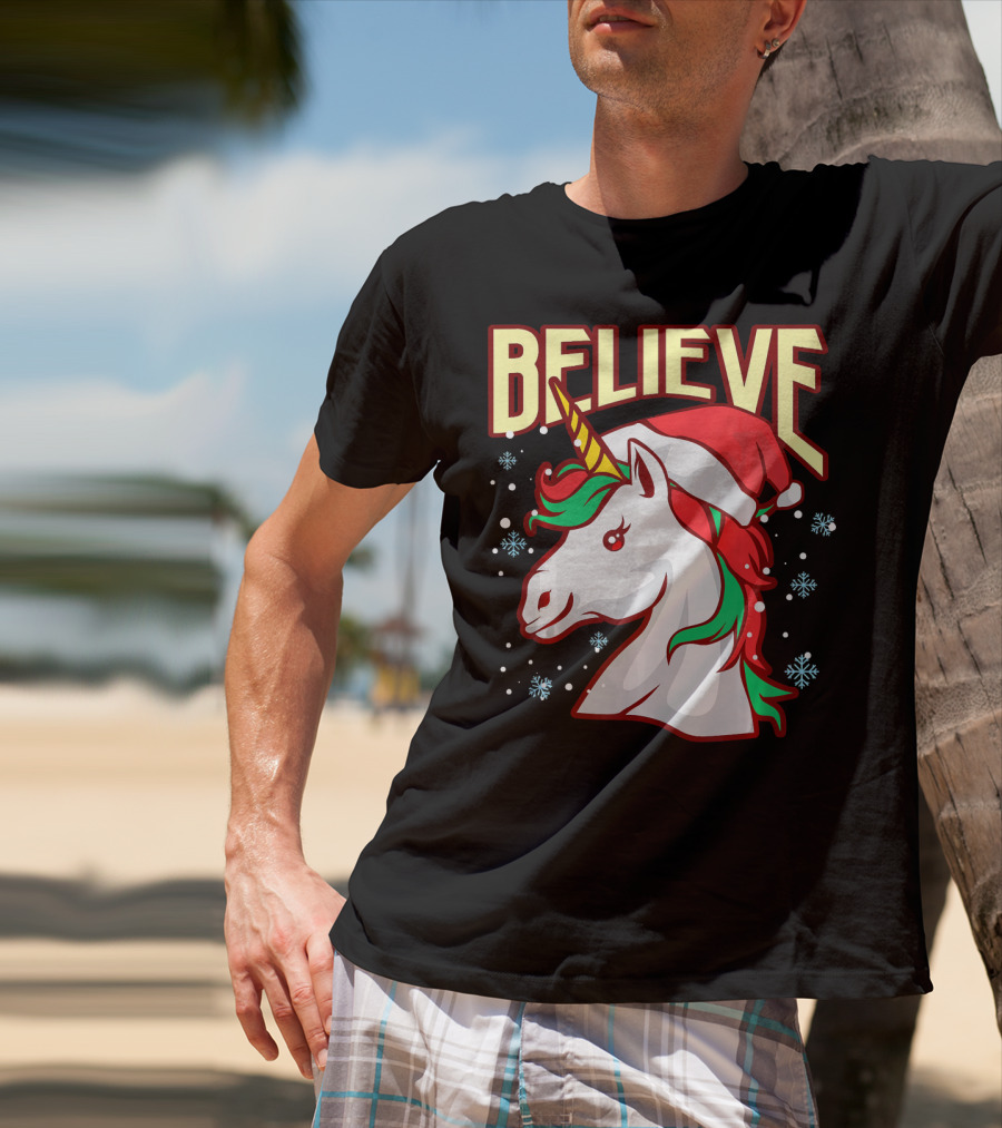 Believe The Unicorn Santa Hat Snowflakes T-Shirt