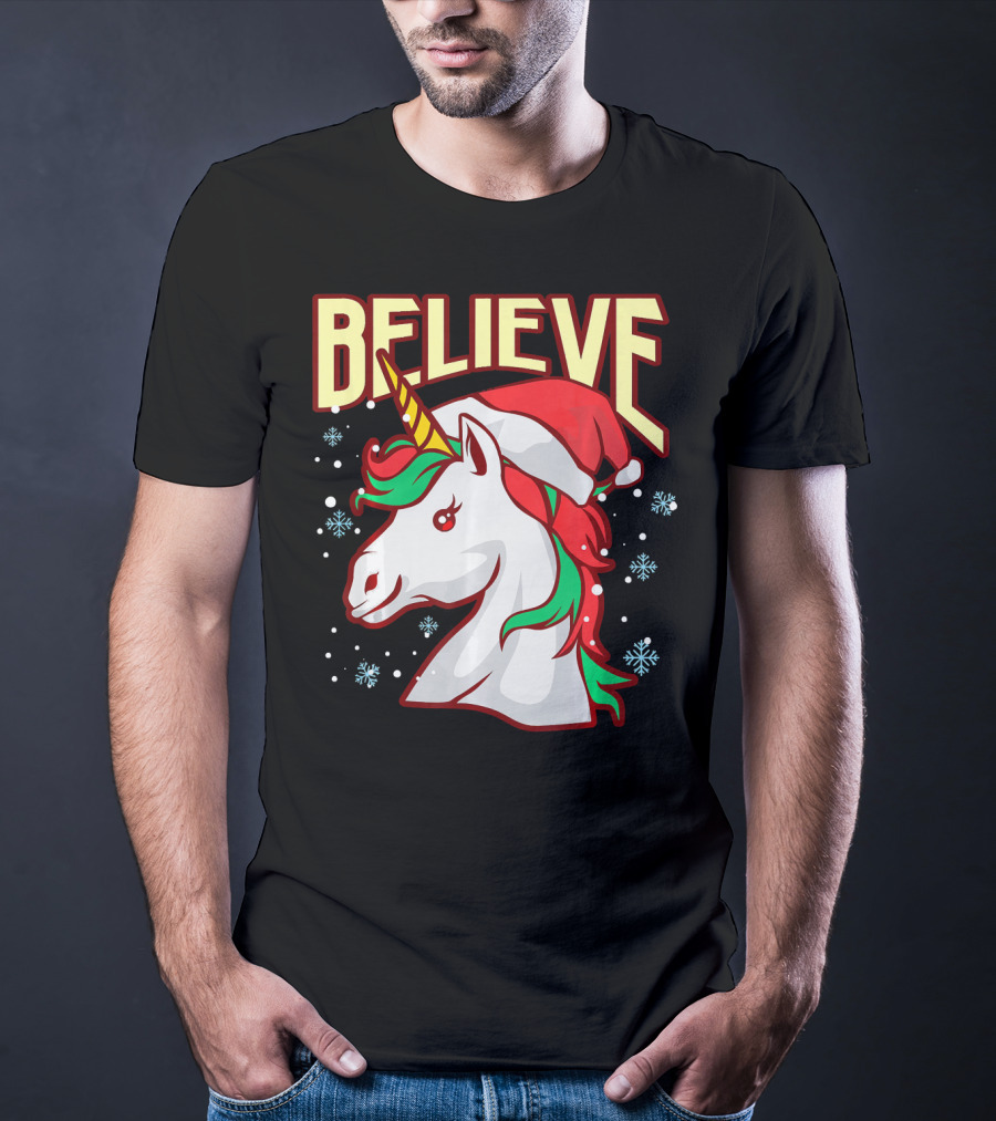 Believe The Unicorn Santa Hat Snowflakes T-Shirt