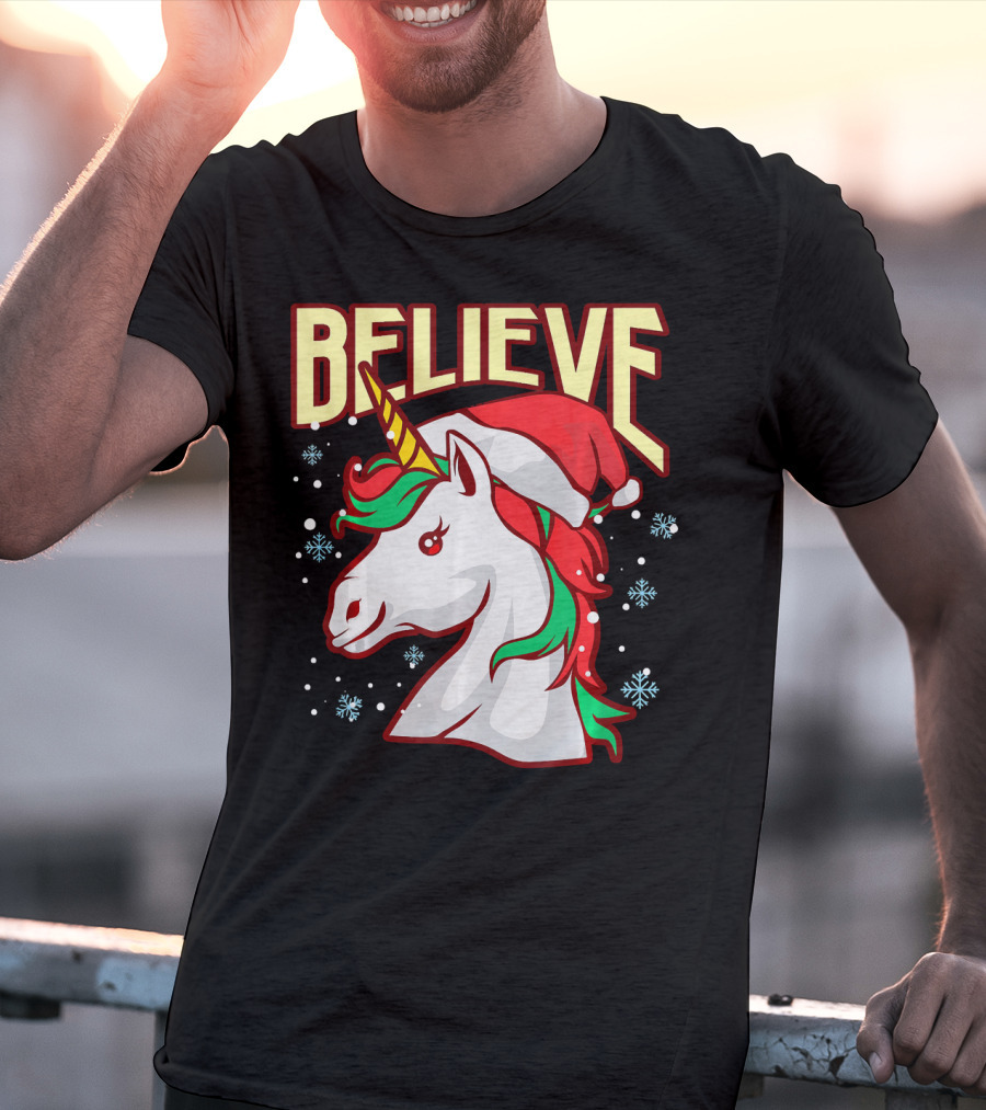 Believe The Unicorn Santa Hat Snowflakes T-Shirt