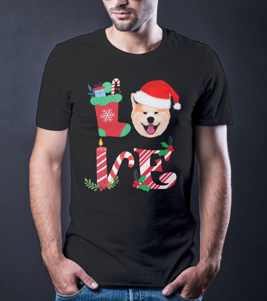 I Love My Akita Christmas Love With Santa Hat And Holiday Decorations T-Shirt