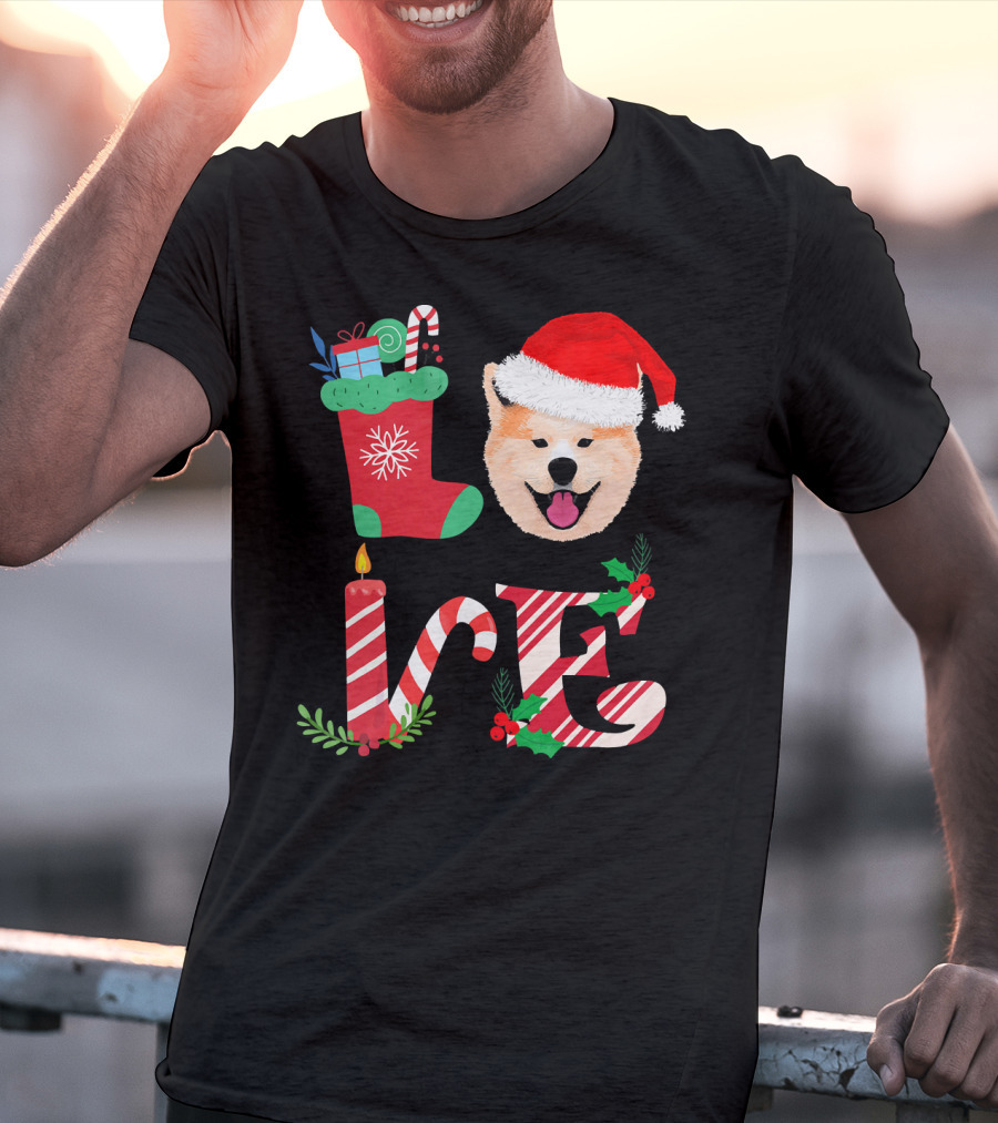 I Love My Akita Christmas Love With Santa Hat And Holiday Decorations T-Shirt